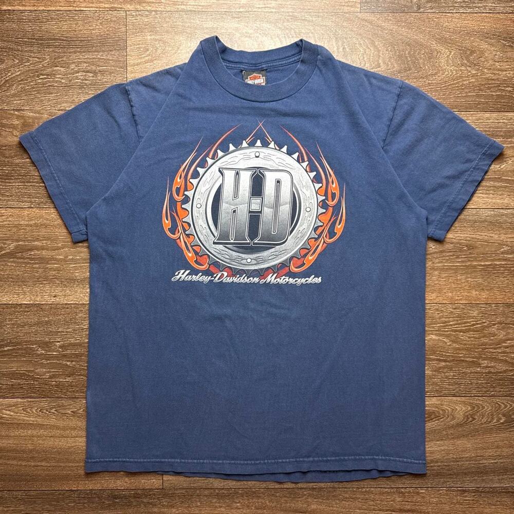 Blue Harley Davidson Graphic Tee with Silver H-D Logo with Orange Flames